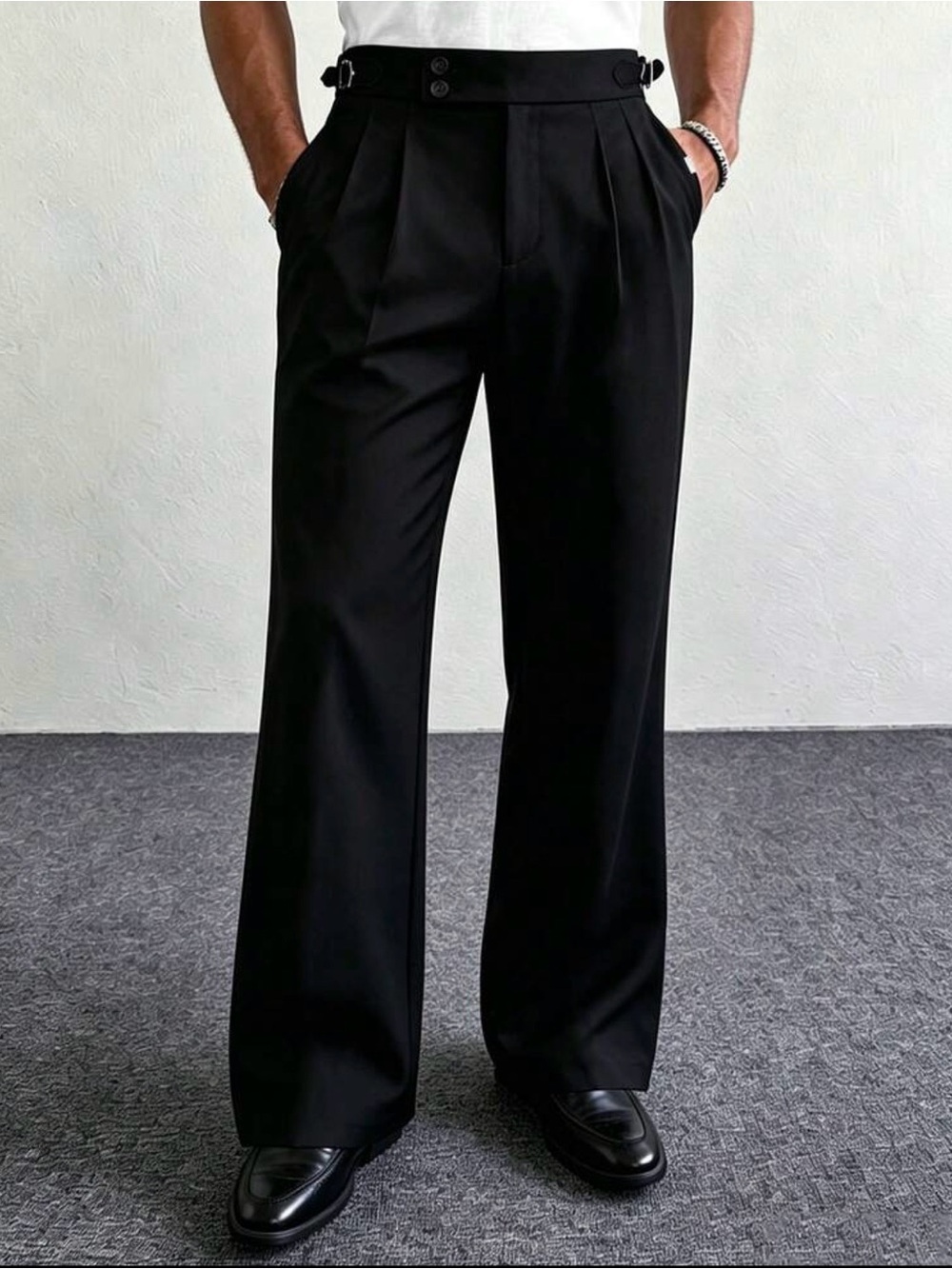 Tailored Black Pleated Wide-Leg Dress Pants